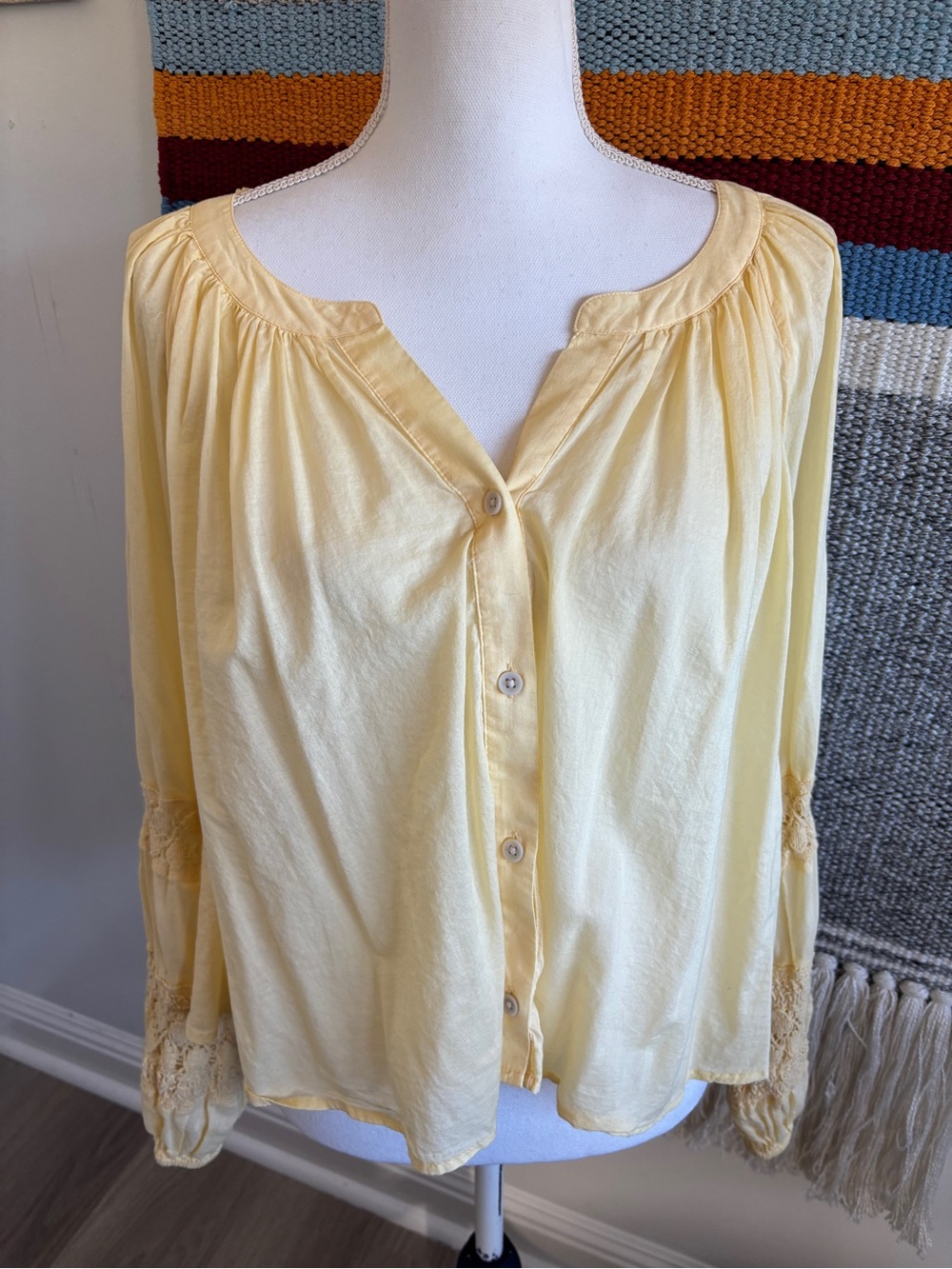 aerie Pale Yellow Button-Front Cotton Peasant Blouse
